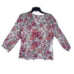 Liz Claiborne Blouse Size Large Floral V-Neck Button Front Long Sleeve‎ Top NWT